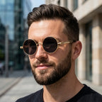 óculos de sol redondo masculino steampunk dourado lentes pretas mionelle manifesto