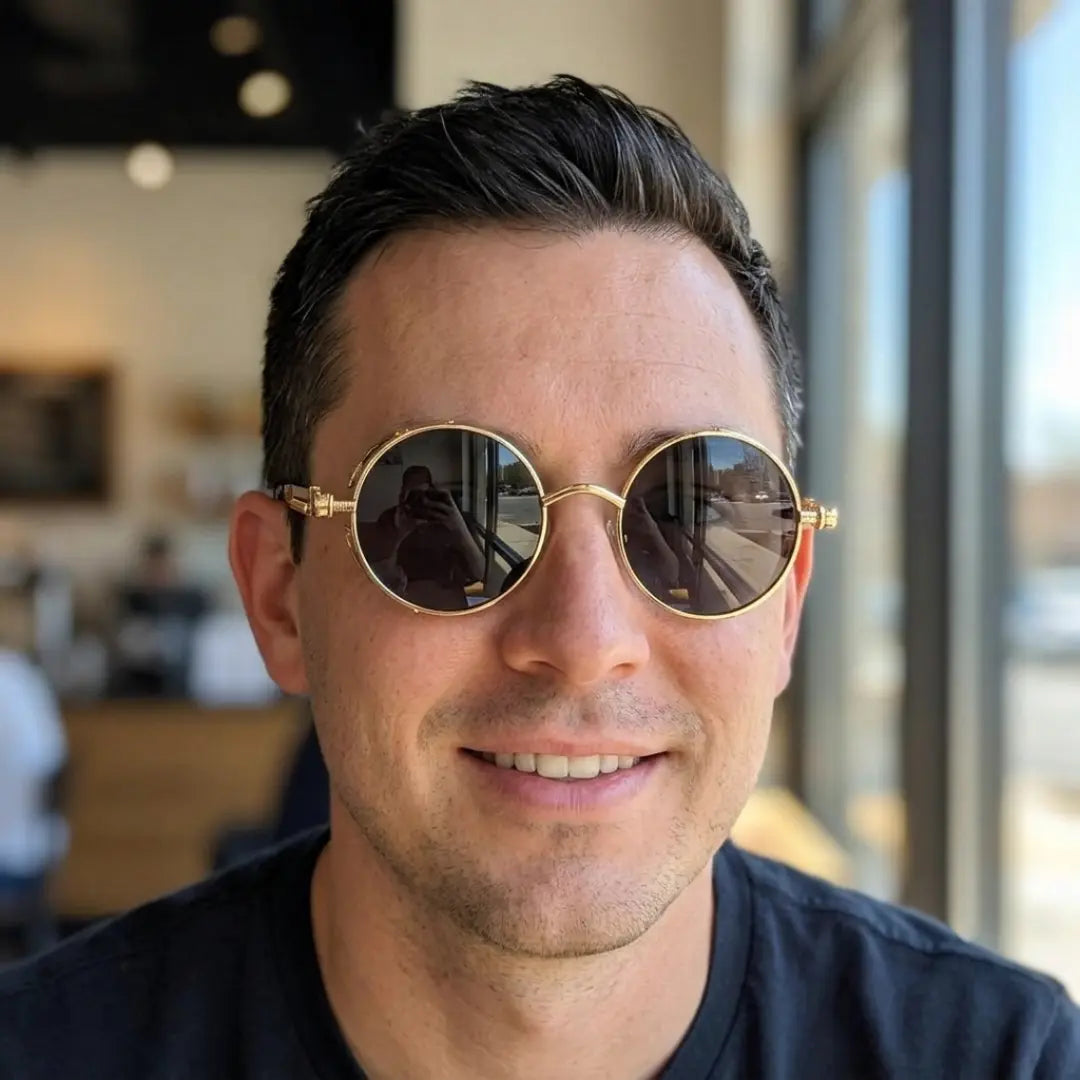 óculos de sol redondo masculino steampunk dourado lentes pretas uv400