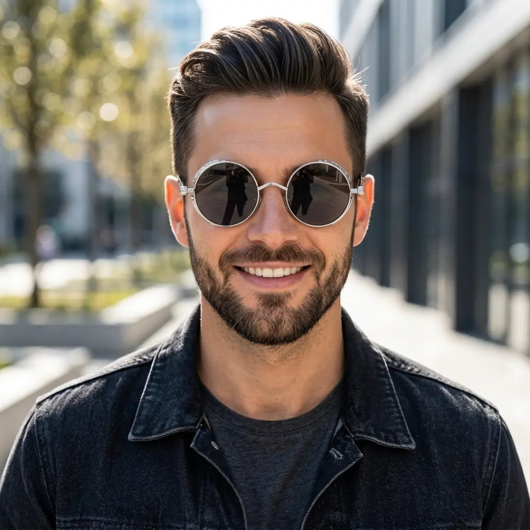óculos de sol redondo masculino steampunk prateado lentes pretas uv400