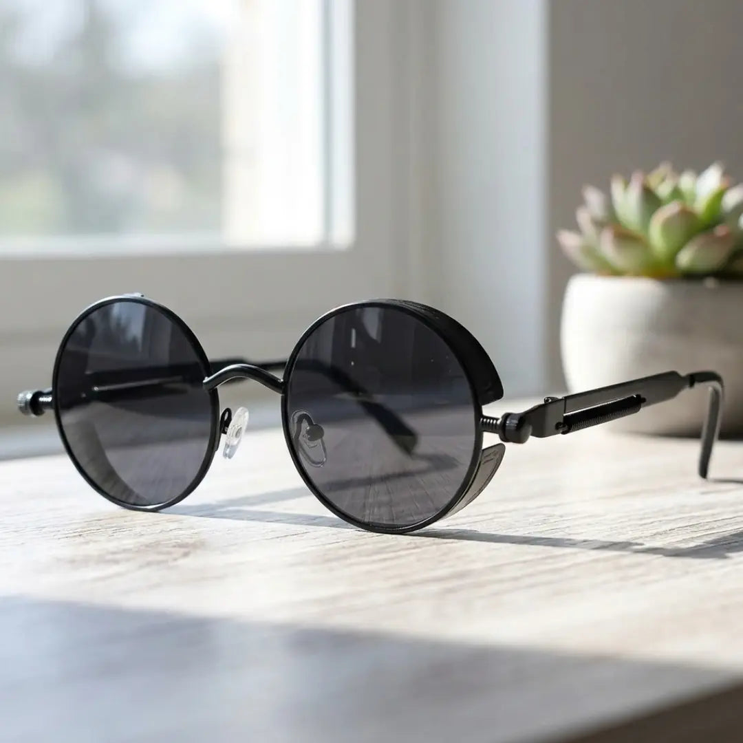 óculos de sol redondo masculino steampunk preto lentes uv400