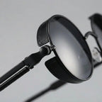 óculos de sol redondo masculino steampunk aço inox all black com proteção uv400