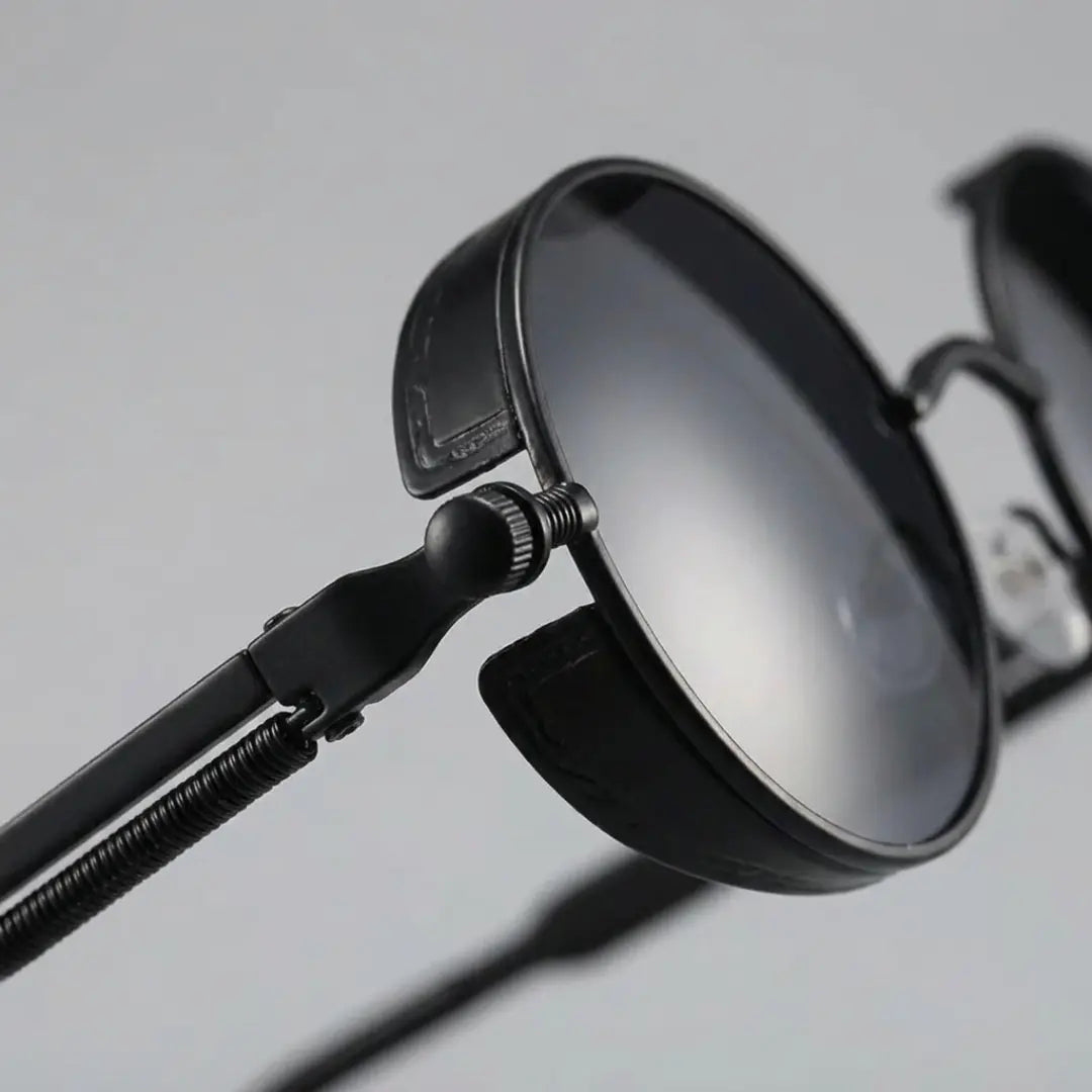 óculos de sol redondo masculino steampunk aço inox all black com proteção uv400
