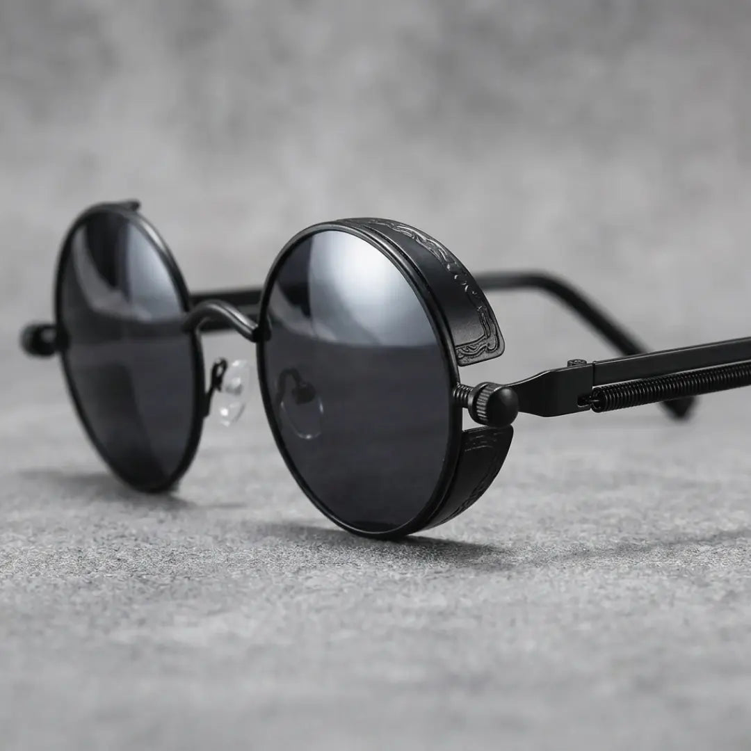 detalhe haste serrilhada óculos de sol redondo steampunk masculino preto