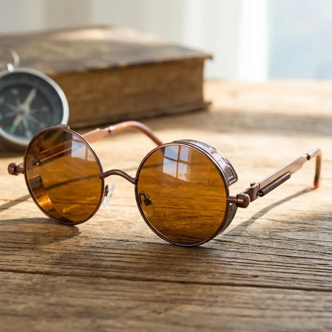 óculos de sol redondo steampunk marrom industrial mionelle
