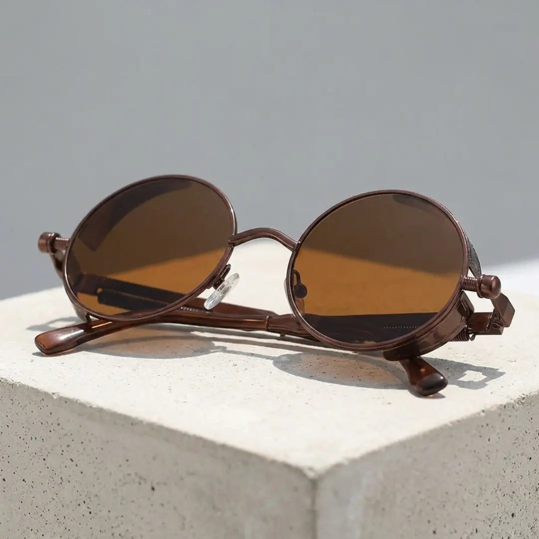 óculos de sol redondo steampunk marrom mionelle manifesto