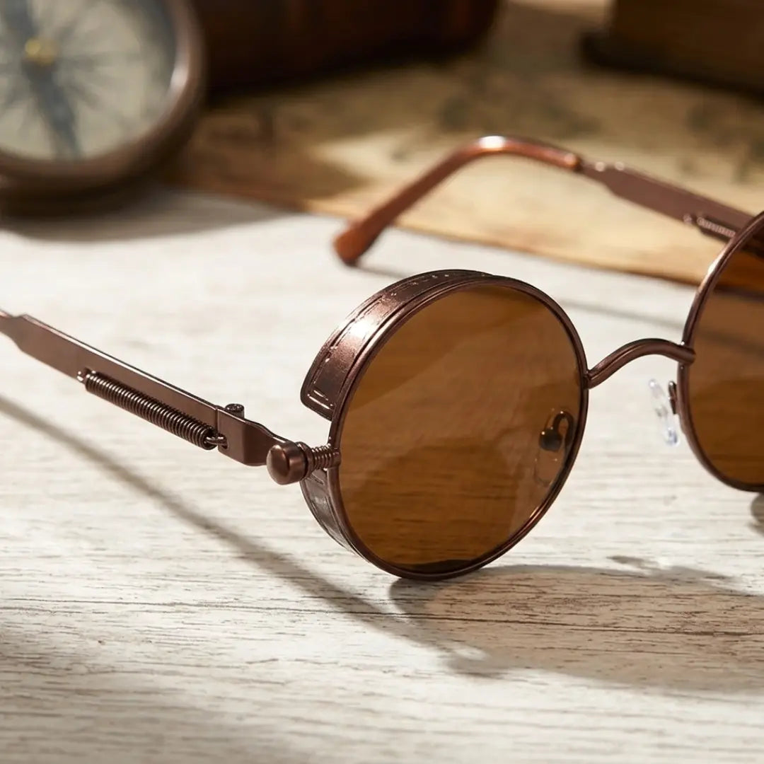 óculos de sol redondo steampunk marrom detalhe armacao