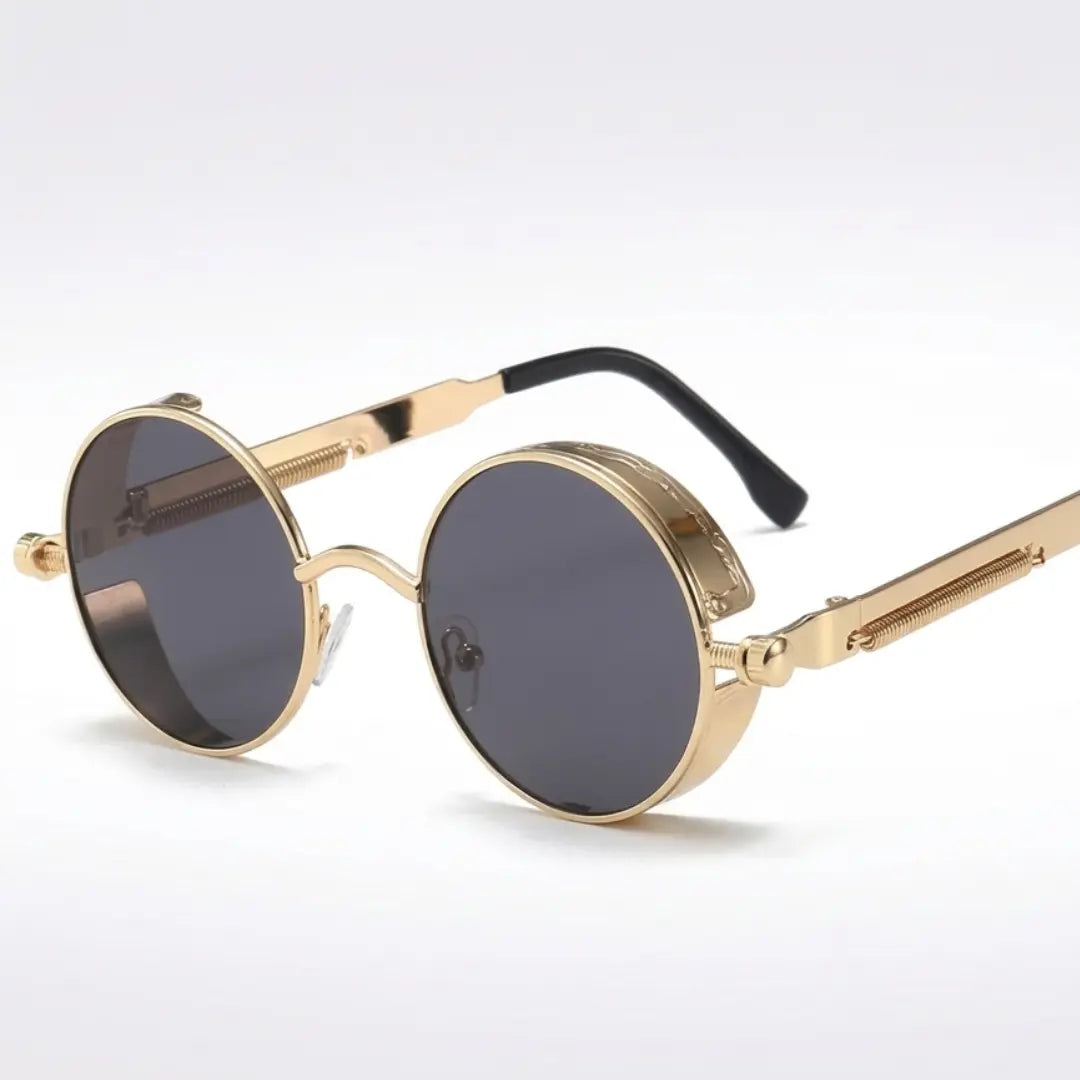 óculos de sol redondo steampunk dourado lentes pretas mionelle manifesto