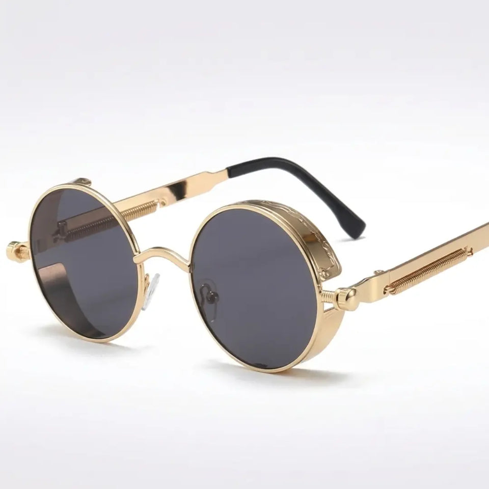 óculos de sol redondo steampunk dourado lentes pretas mionelle manifesto