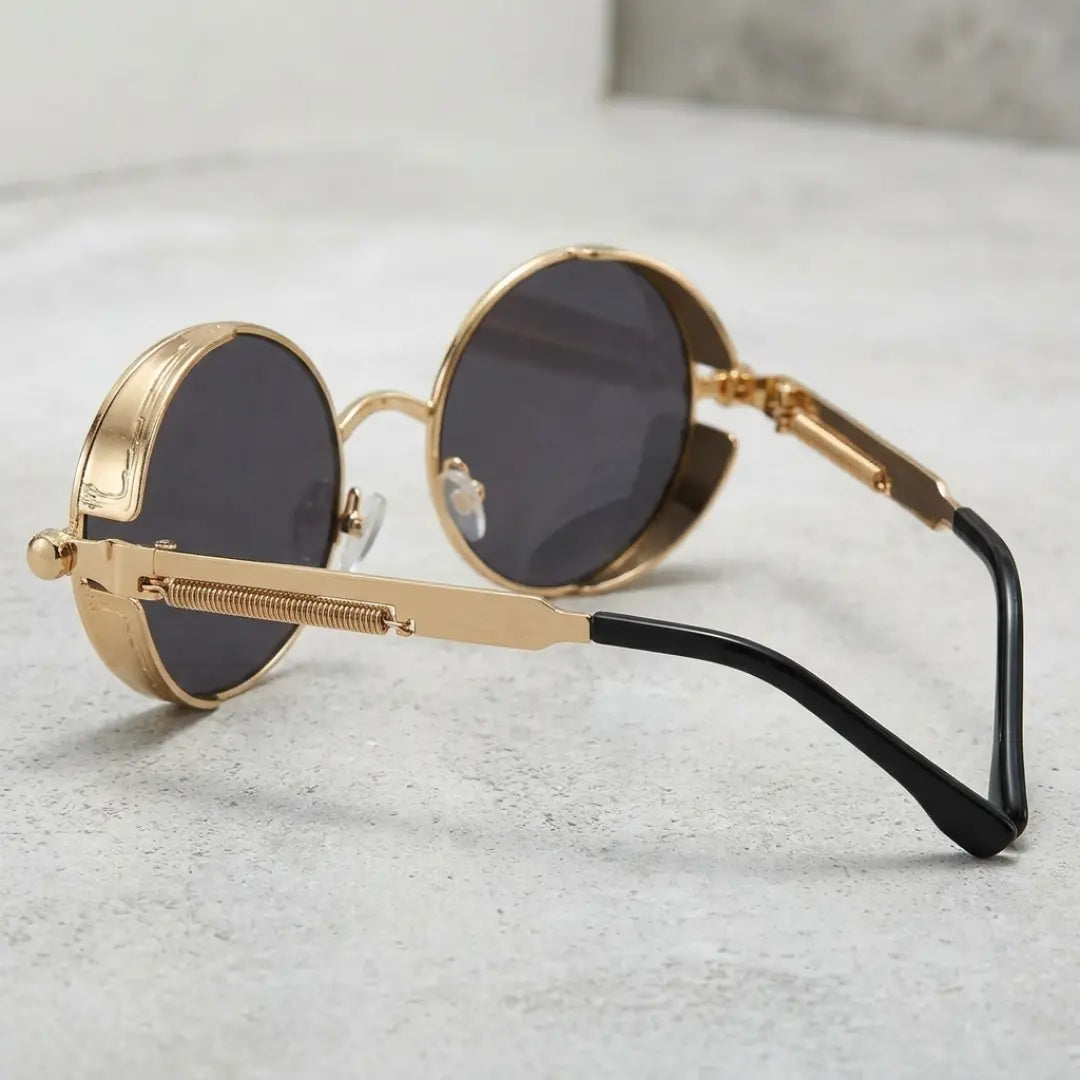 óculos de sol redondo steampunk dourado lentes pretas uv400