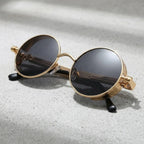 óculos de sol redondo steampunk dourado lentes pretas industrial mionelle