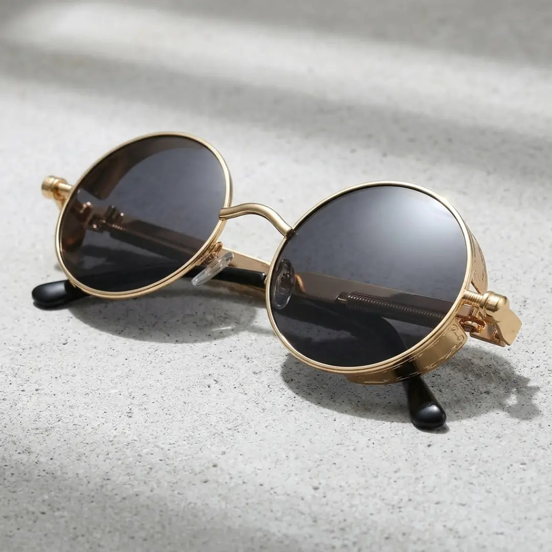 óculos de sol redondo steampunk dourado lentes pretas industrial mionelle