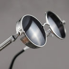 óculos de sol redondo steampunk prateado lentes pretas mionelle