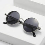 óculos de sol redondo steampunk prateado lentes pretas industrial