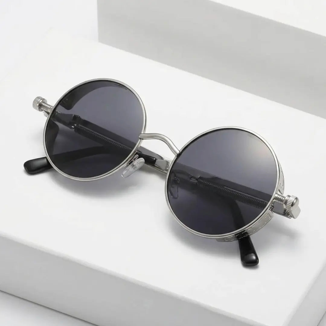 óculos de sol redondo steampunk prateado lentes pretas industrial